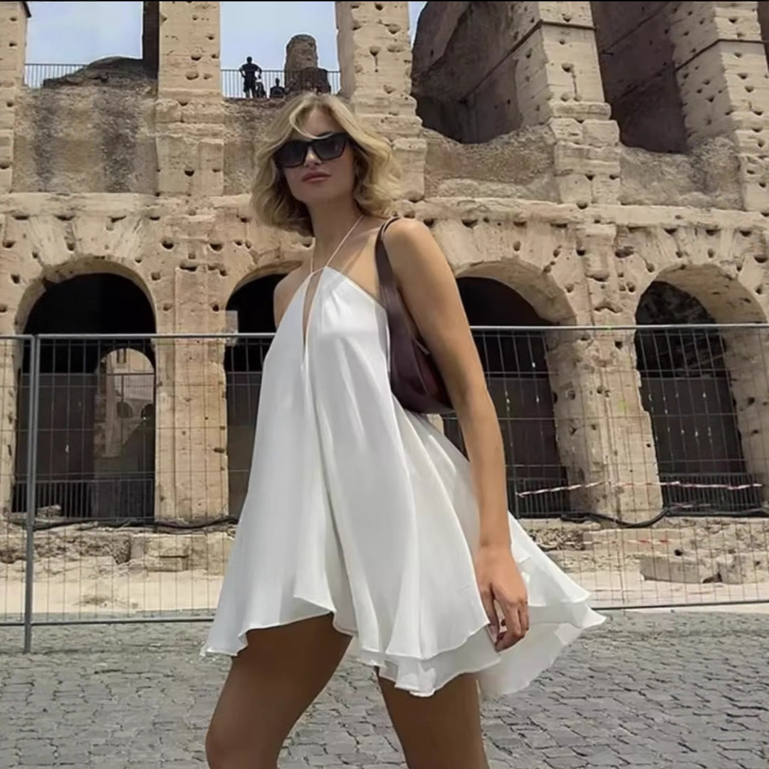 Damen luftiges Chiffonkleid mit tiefem V-Ausschnitt und verstellbaren Trägern R&B