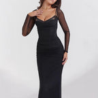 Damen Elegantes Maxikleid mit transparenten Ärmeln und betontem Rüschensaum R&B