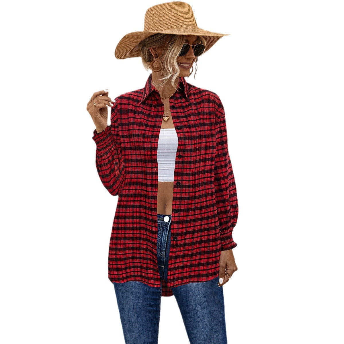 Damen Karobluse mit angeschnittenen Ärmeln und elastischen Ärmelsäumen R&B