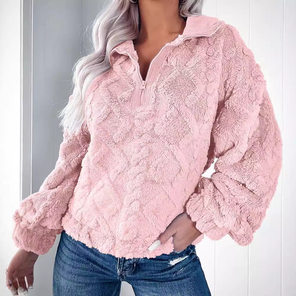 Damen Oversized Fleece-Pullover mit Stehkragen und Kunstpelz-Wabenstruktur R&B