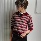 Damen Gestreifter Polo-Pullover mit Knopfleiste und langem Schnitt R&B
