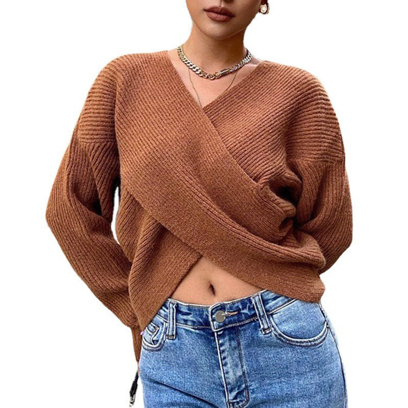 Damen Gemütlicher Strickpullover mit modernem Wickeldesign R&B