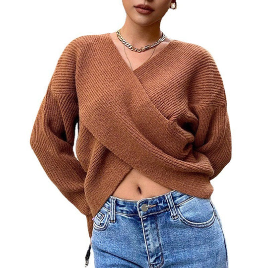 Damen Gemütlicher Strickpullover mit modernem Wickeldesign R&B