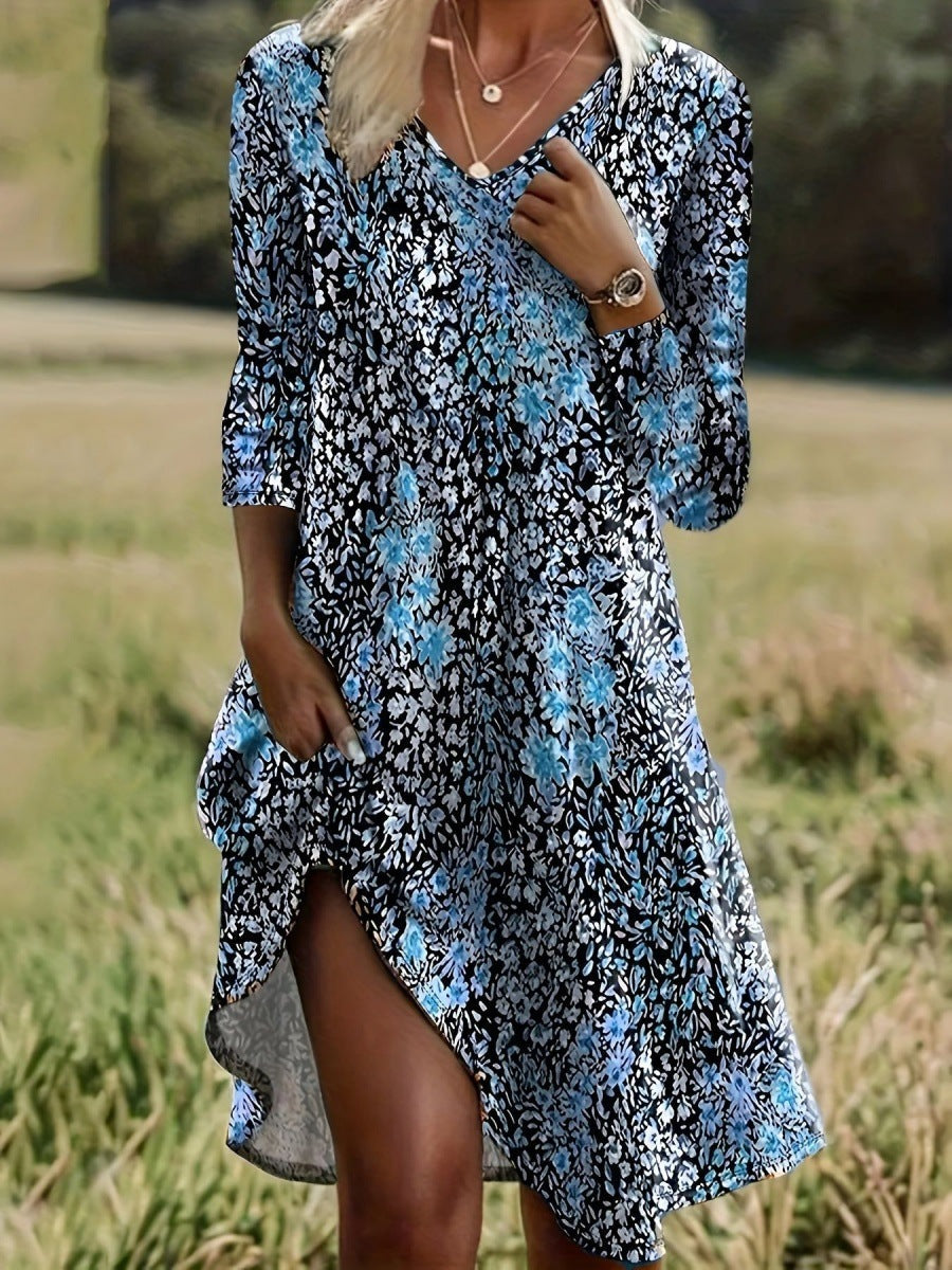 Damen Freizeitkleid mit modischem V-Ausschnitt und Seitenschlitz R&B