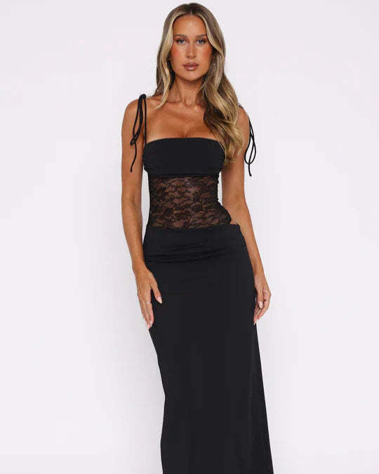 Damen nan elegantes Maxikleid mit transparentem Spitzenmieder Bandeau-Oberteil und Bindeträgern R&B