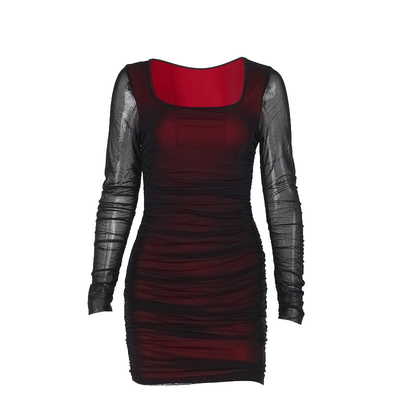 Damen figurbetontes Minikleid mit transparenten langärmeligen Einsätzen und Rüschendetails R&B