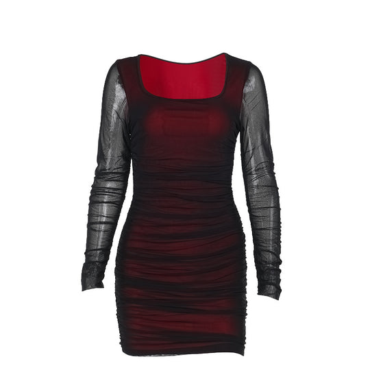 Damen figurbetontes Minikleid mit transparenten langärmeligen Einsätzen und Rüschendetails R&B