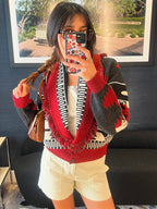 Damen gestrickte Cardigan mit fransigen Details und geometrischem Muster R&B