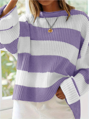 Damen gestreifter Strickpullover mit weitem Schnitt R&B