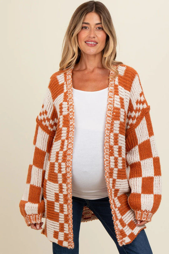 Damen lässiger Strickcardigan mit Karomuster und oversized Schnitt R&B