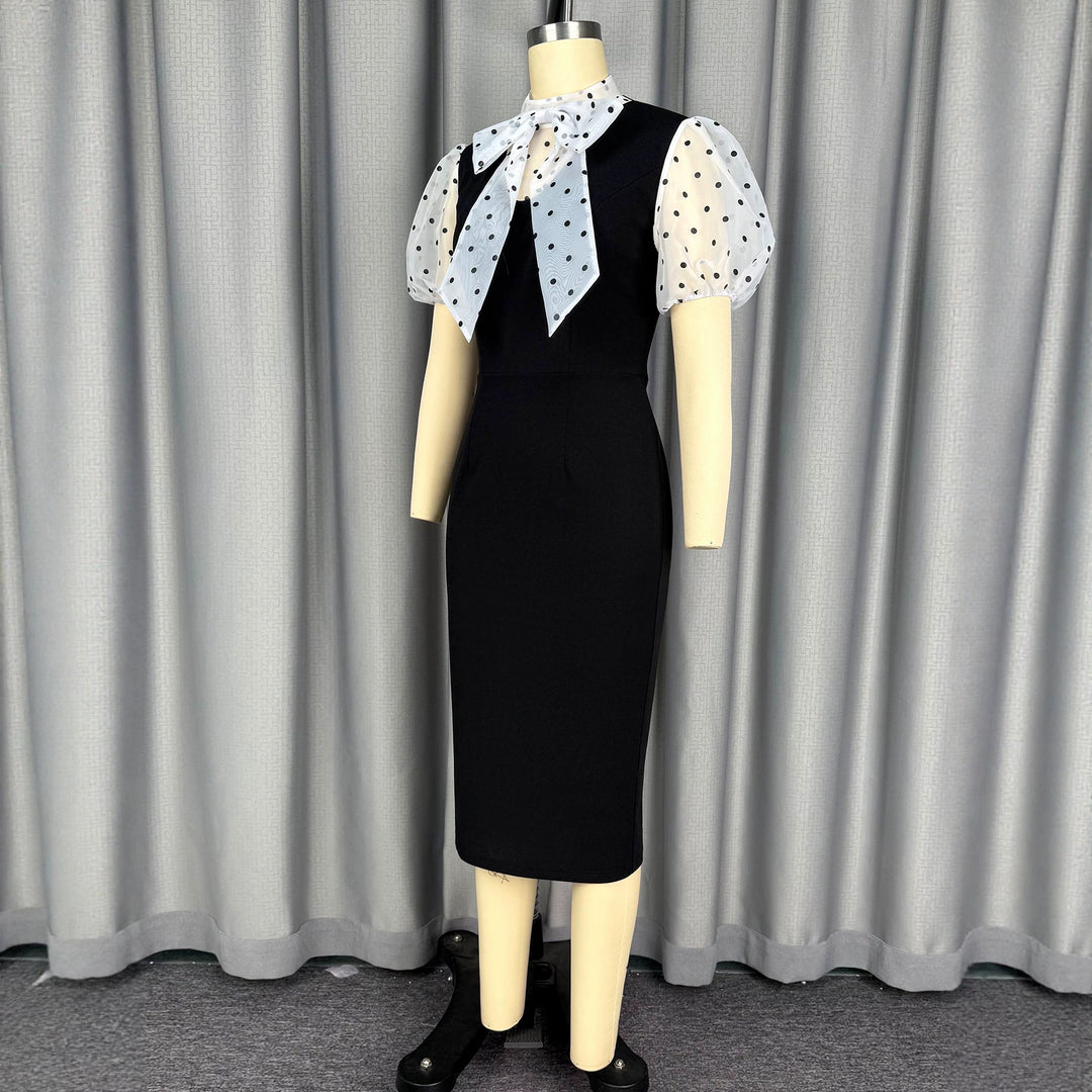 Damen figurbetontes Midi-Kleid mit transparenten Puffärmeln und Schleifenkragen R&B