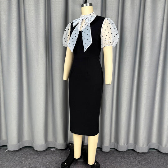 Damen figurbetontes Midi-Kleid mit transparenten Puffärmeln und Schleifenkragen R&B