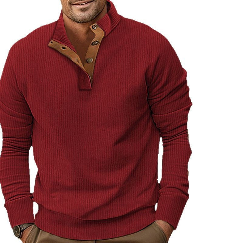 Herren nan geripptes Henley-Langarmshirt mit Stehkragen und Leder-Ellbogenpatches R&B