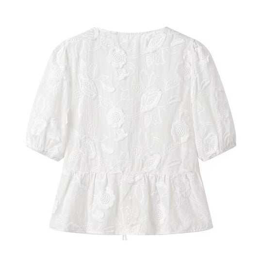 Damen Bluse mit floralem Stickmuster und romantischen Rüschendetails R&B