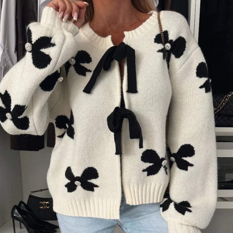 Damen Strickjacke mit dekorativen Schleifen und glänzenden Akzenten R&B