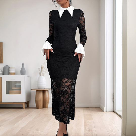 Damen Midikleid mit transparentem Spitzenoberteil und eleganter Blusenkragen R&B