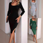 Damen Ripp-Kleid mit langem Arm und quadratischem Ausschnitt R&B