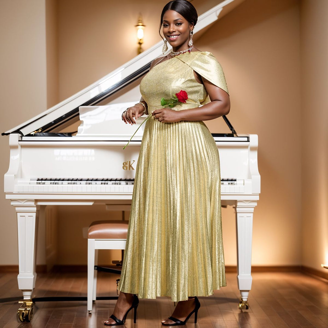 Damen Elegantes Plisseekleid mit asymmetrischem Träger R&B