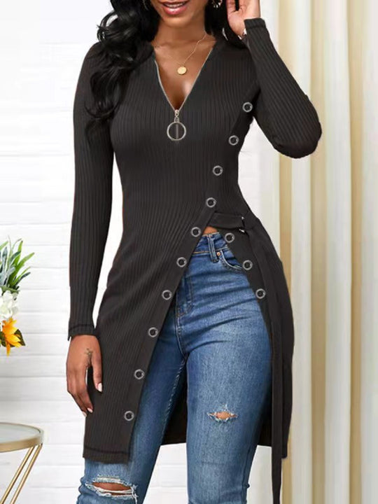 Damen figurbetontes Wickelshirt mit Knopfdetails und tiefem V-Ausschnitt R&B
