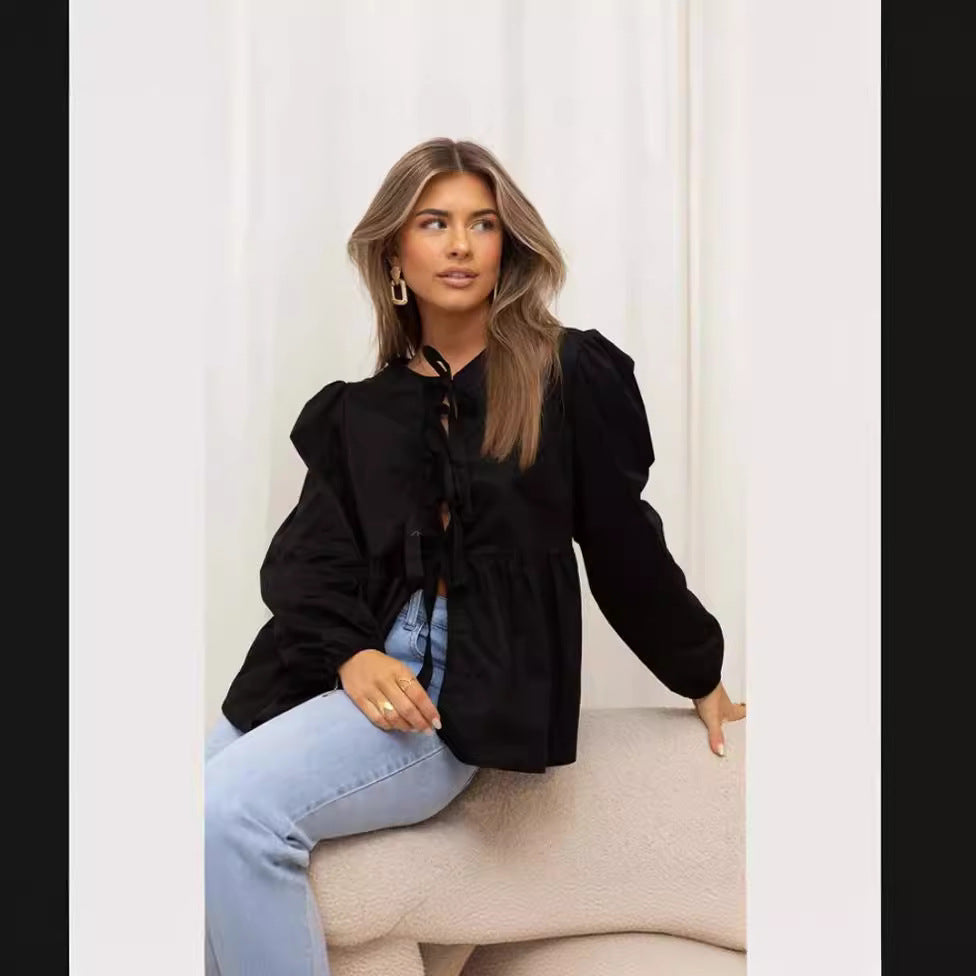 Damen elegante Bluse mit Rüschendetails und Bindeband R&B