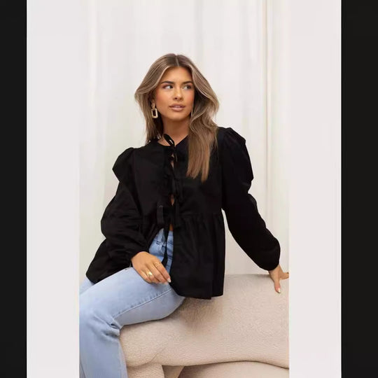 Damen elegante Bluse mit Rüschendetails und Bindeband R&B