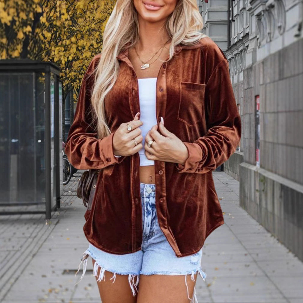 Damen Velours-Hemdjacke mit modernem Schnitt und Brusttasche R&B