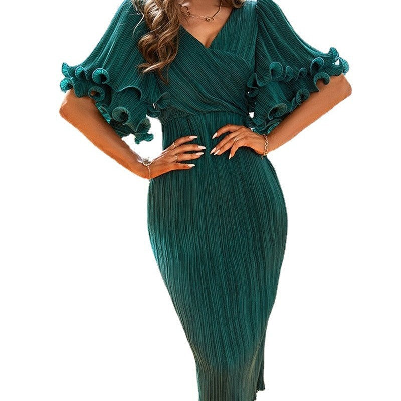 Damen Plisseekleid mit voluminösen Rüscheärmeln R&B