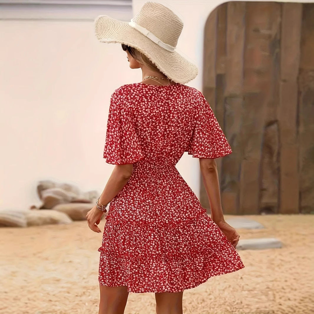 Damen Kurzes Kleid mit Raffung und weiten Ärmeln R&B