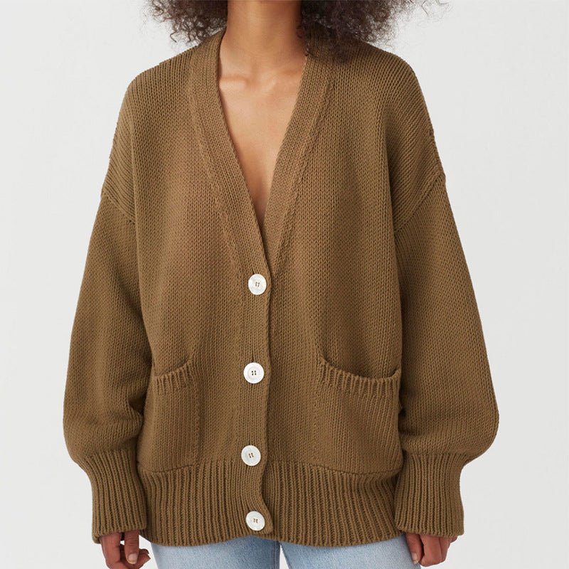 Damen Oversized Strickjacke mit Taschen und V-Ausschnitt R&B