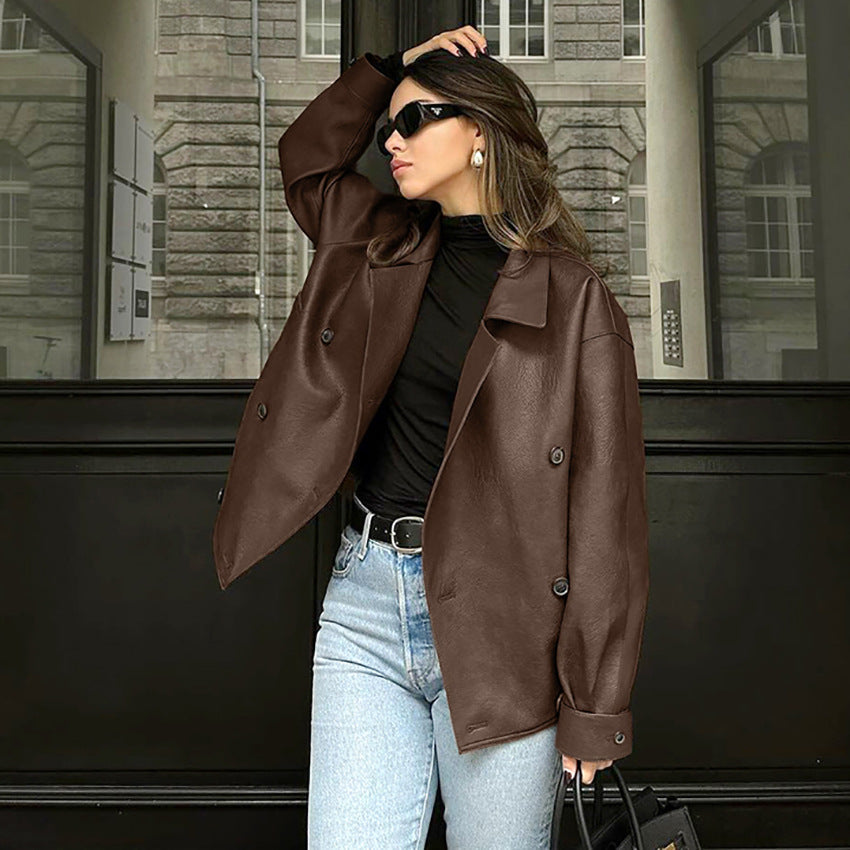 Damen Modische Oversized-Bomberjacke aus Kunstleder mit Knopfdetails R&B