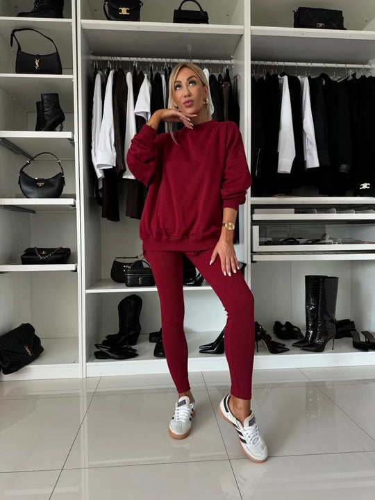 Damen lässiges Baumwoll-Lounge-Set mit Rundhalsausschnitt und engen Leggings R&B