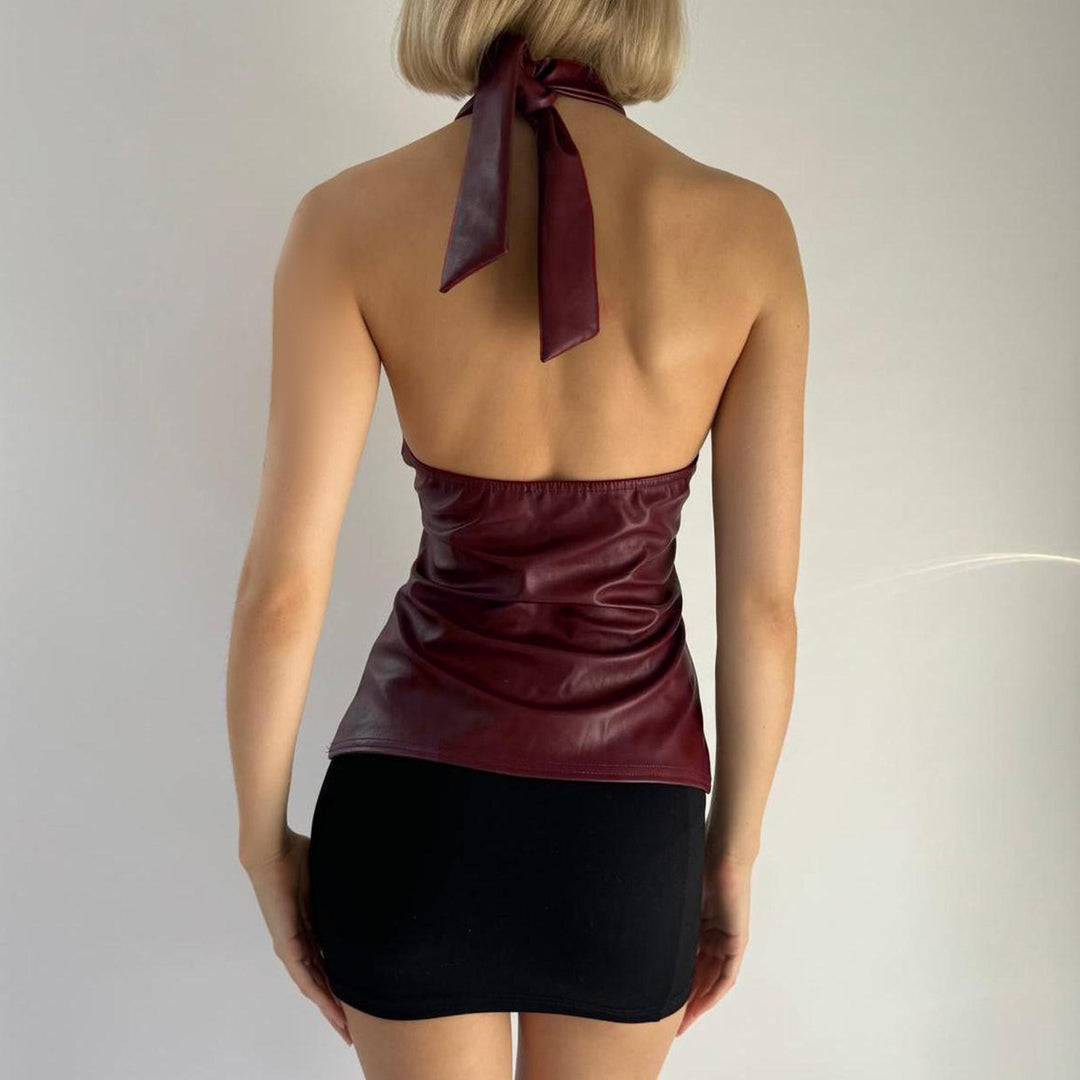 Damen asymmetrisches Kunstleder Oberteil mit schillerndem Nackenring R&B