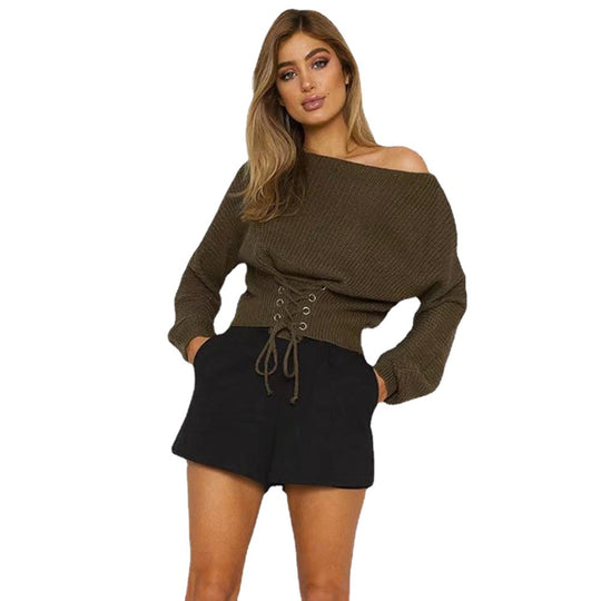 Damen cropped Strickpullover mit fransigen Details und dekorativer Schnürung R&B
