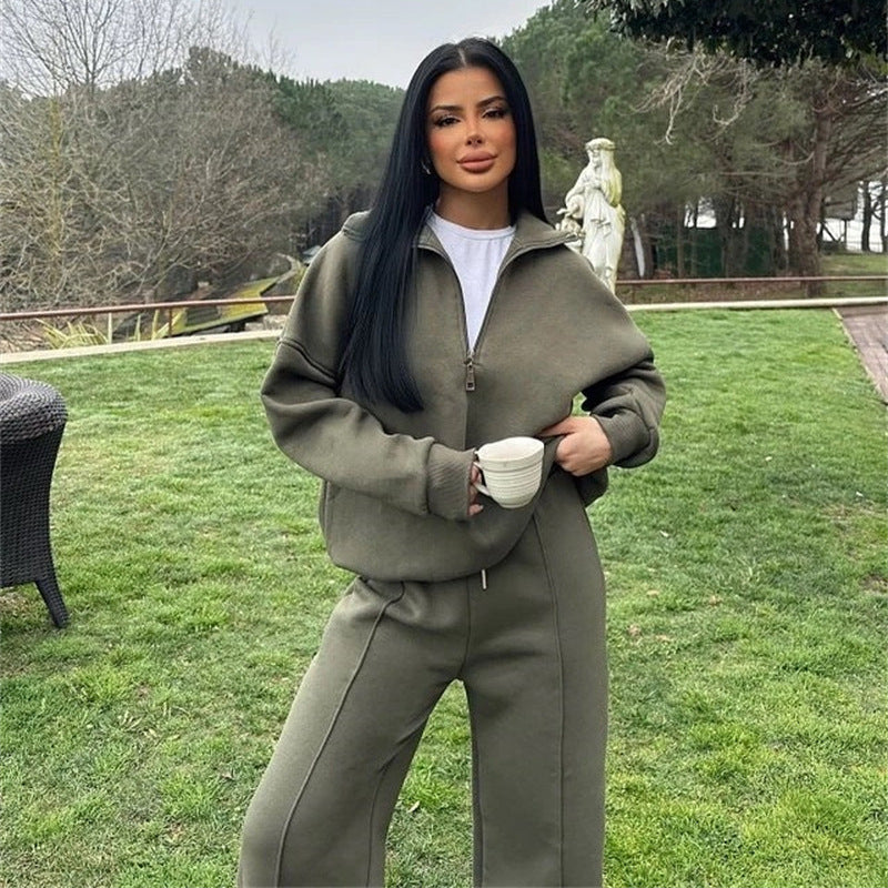 Damen sportliches Fleece-Loungewear-Set mit hohem Kragen und Reißverschluss R&B