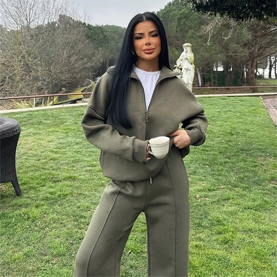 Damen sportliches Fleece-Loungewear-Set mit hohem Kragen und Reißverschluss R&B