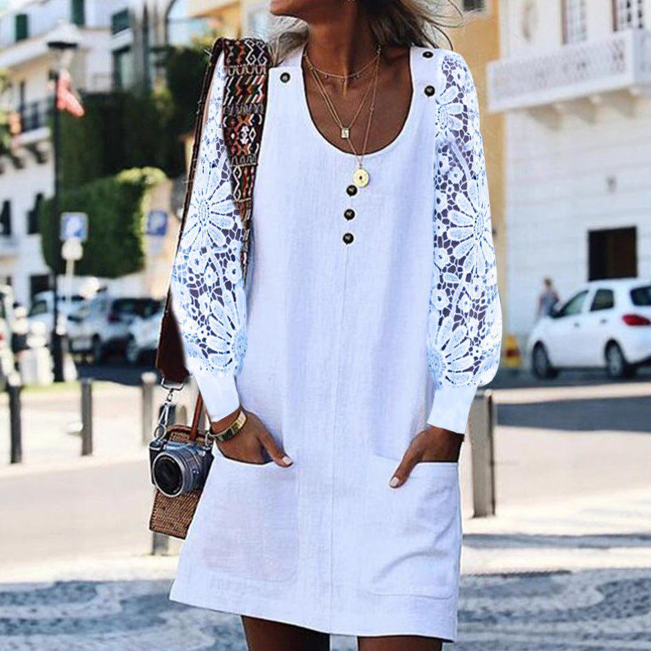 Damen Sommerkleid mit eleganten Spitzenärmeln und praktischen Taschen Heidi-Mode
