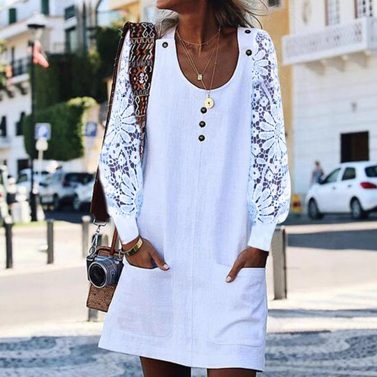 Damen Sommerkleid mit eleganten Spitzenärmeln und praktischen Taschen Heidi-Mode