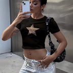 Damen Crop-T-Shirt mit stilvollem Leopardenstern-Design R&B