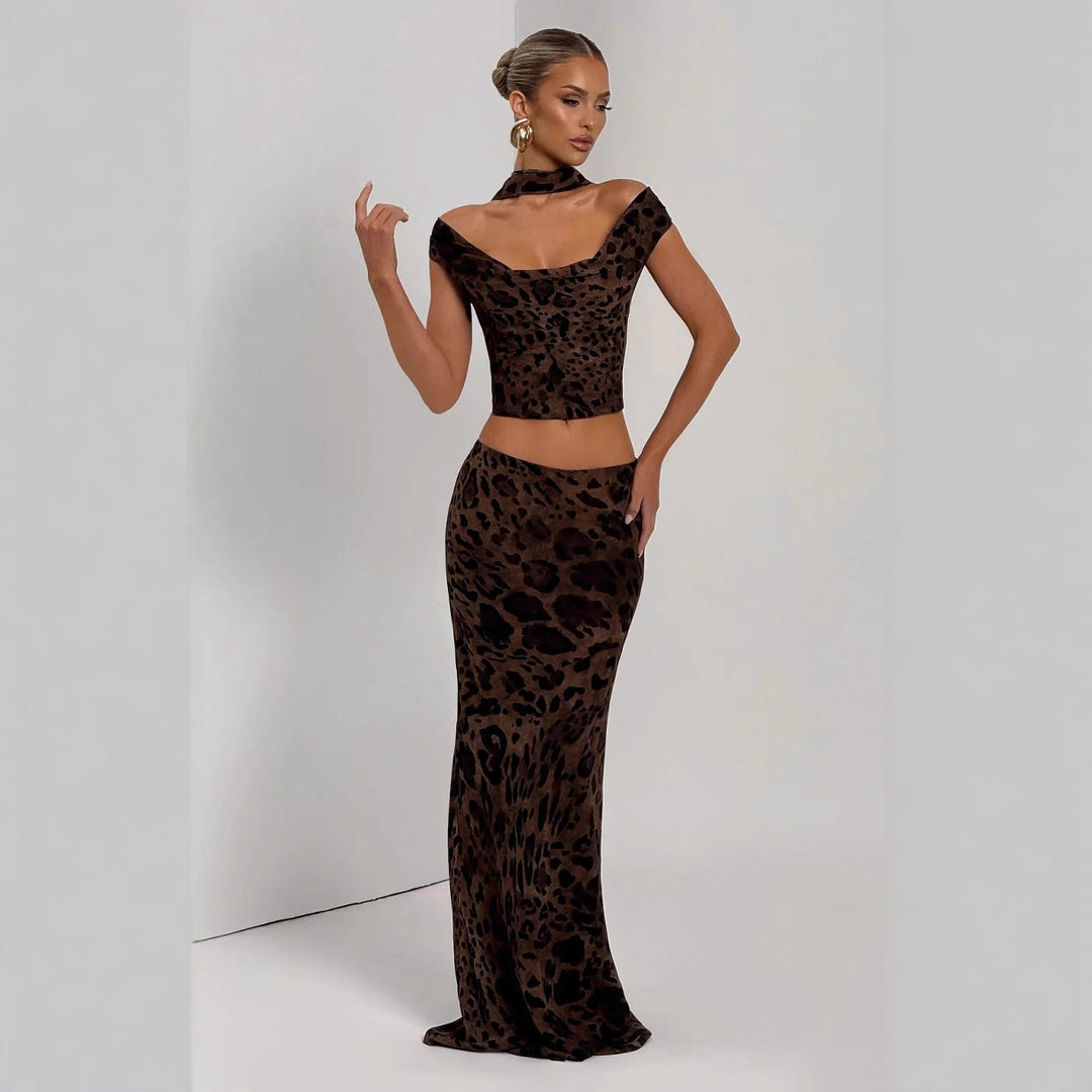 Damen Elegantes Set aus Crop-Top und Maxirock mit Leopardenmuster R&B