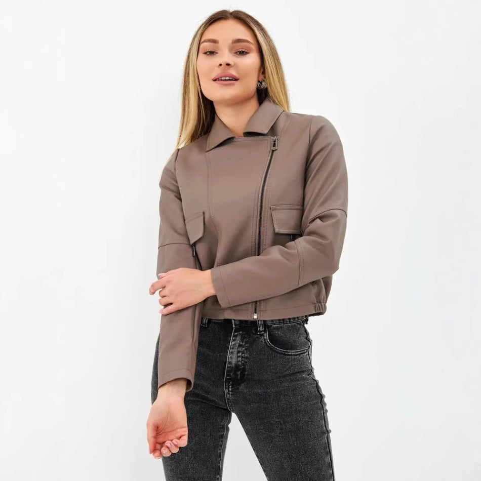 Damen cropped Kunstlederjacke mit praktischen Taschen und modernem Schnitt R&B