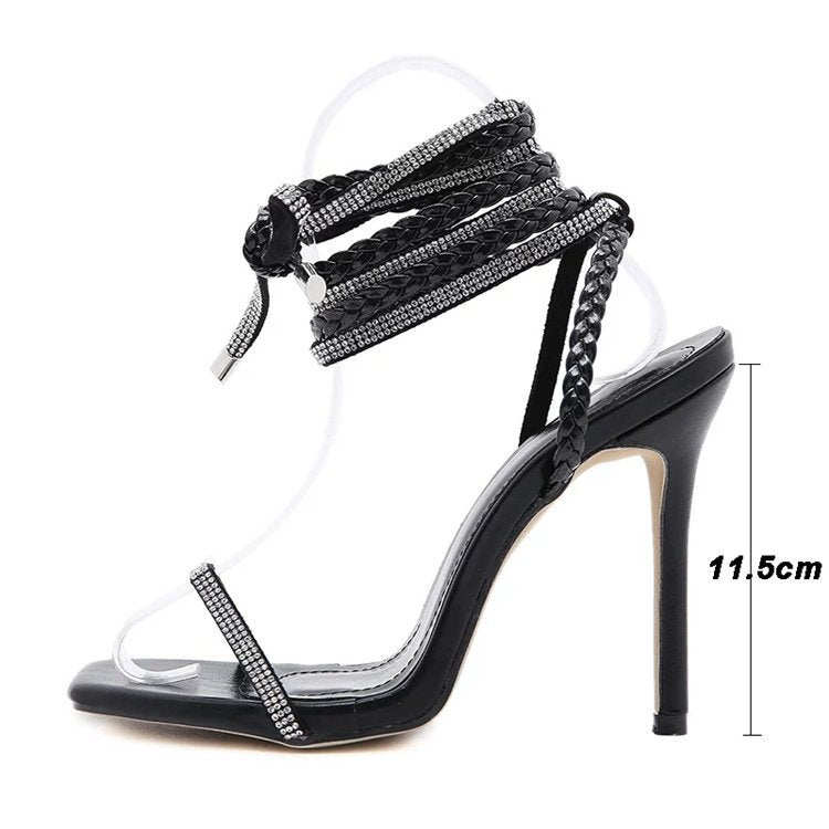 Damen Riemchen High Heels mit funkelnden Glitzer-Applikationen und verstellbarem Knöchelband EB