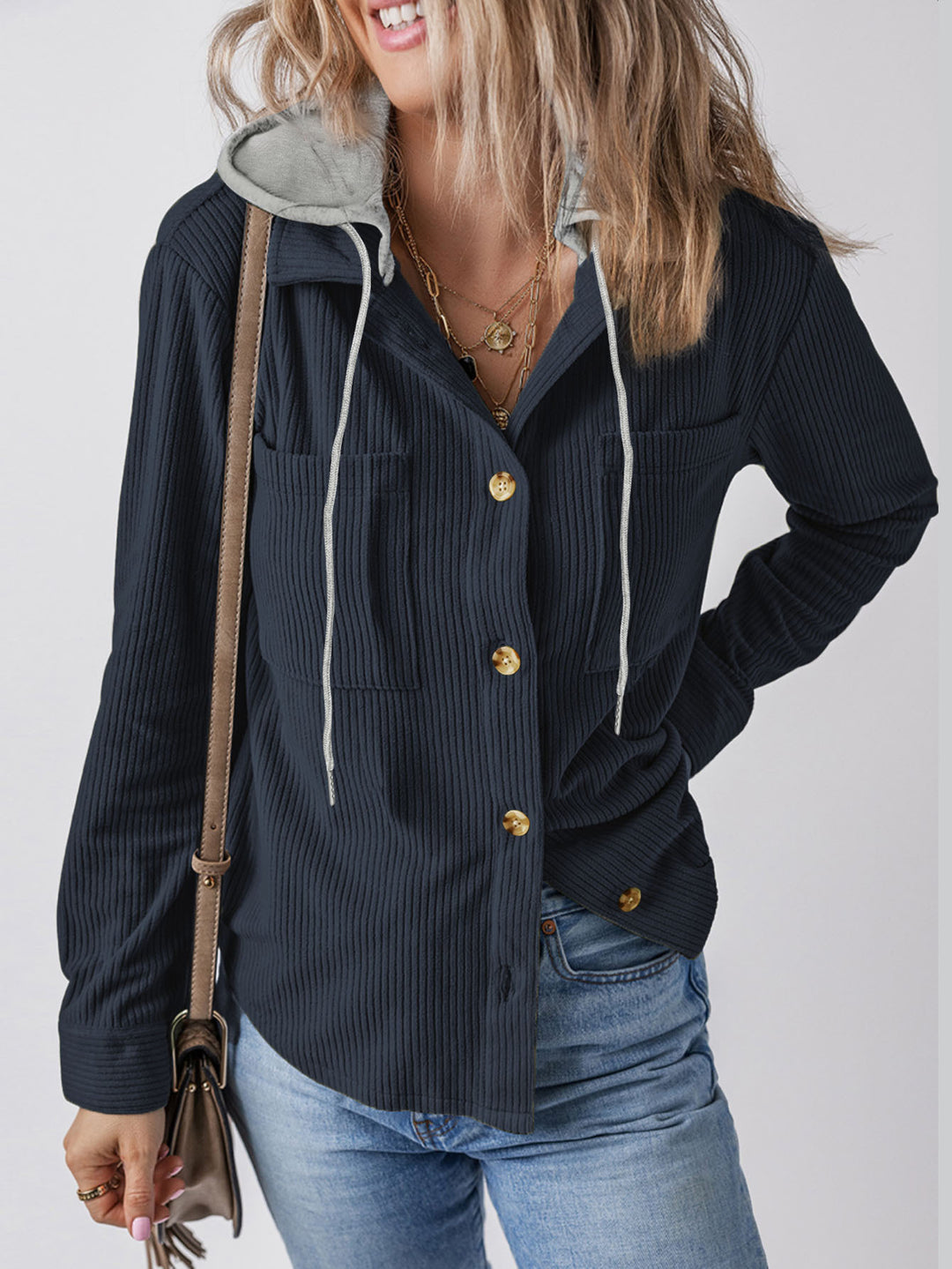 Damen Hemdblusenshirt mit Kapuze und geripptem Design R&B