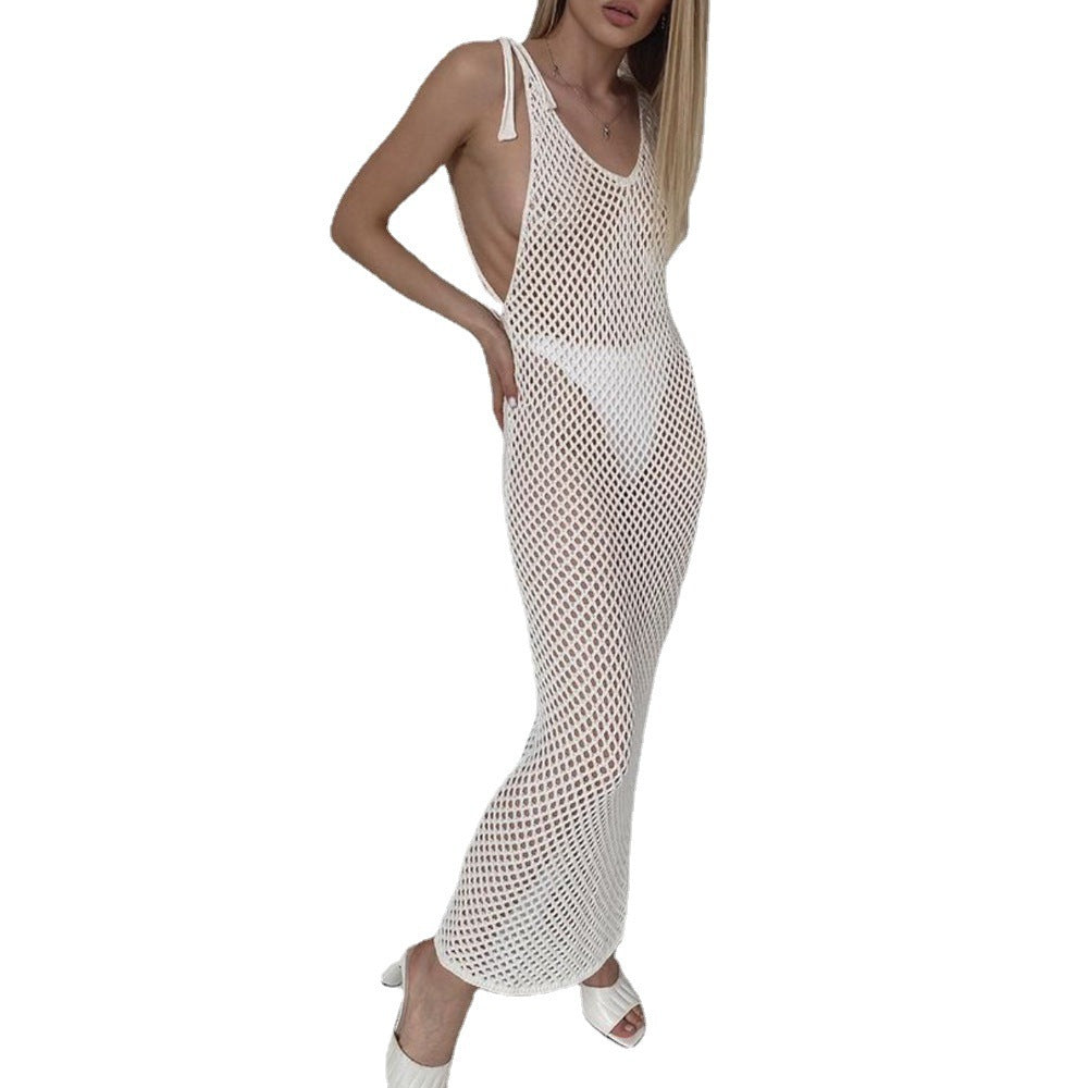 Damen gehäkeltes Strandkleid mit tiefem V-Ausschnitt und verstellbaren Trägern R&B