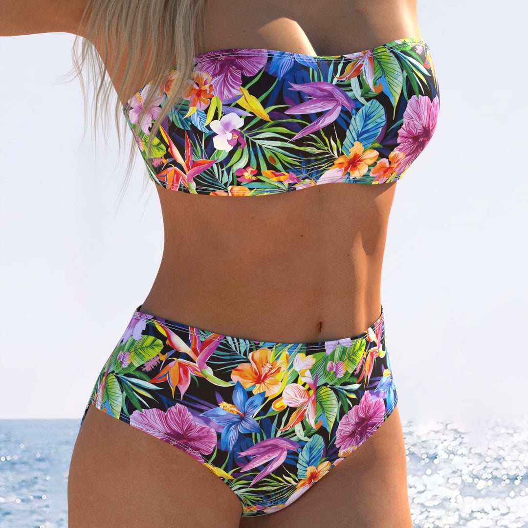 Damen Bandeau-Bikini mit hohem Taillenschnitt und buntem Tropenmotiv R&B
