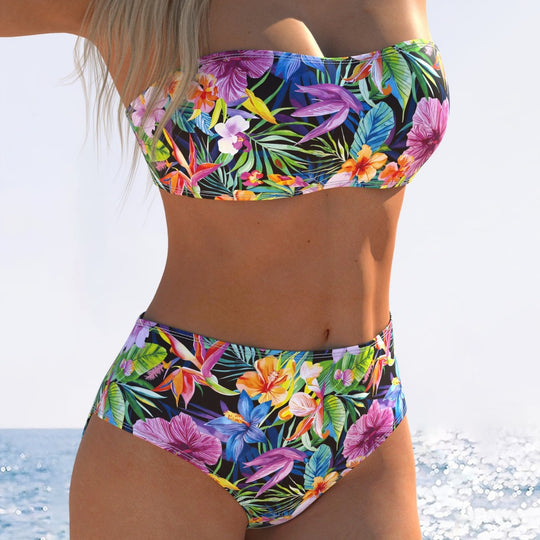 Damen Bandeau-Bikini mit hohem Taillenschnitt und buntem Tropenmotiv R&B