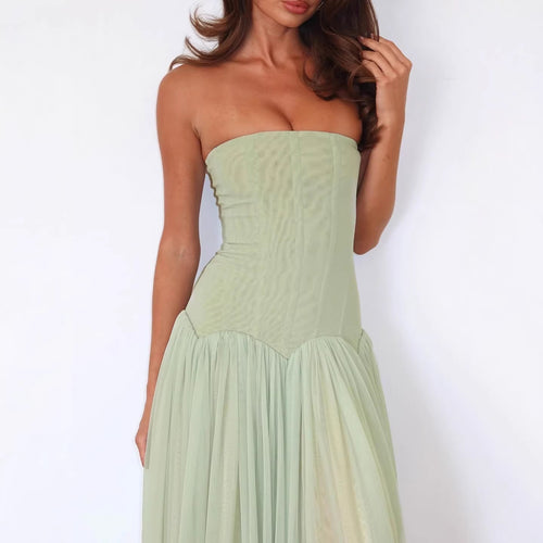 Damen elegantes, trägerloses Maxikleid mit fließendem Tüllrock R&B