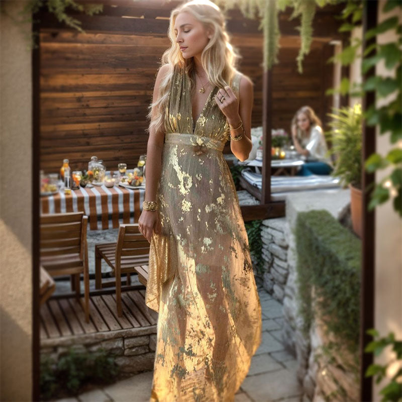 Damen Elegantes Maxi-Kleid mit filigranem Goldmuster und V-Ausschnitt EB