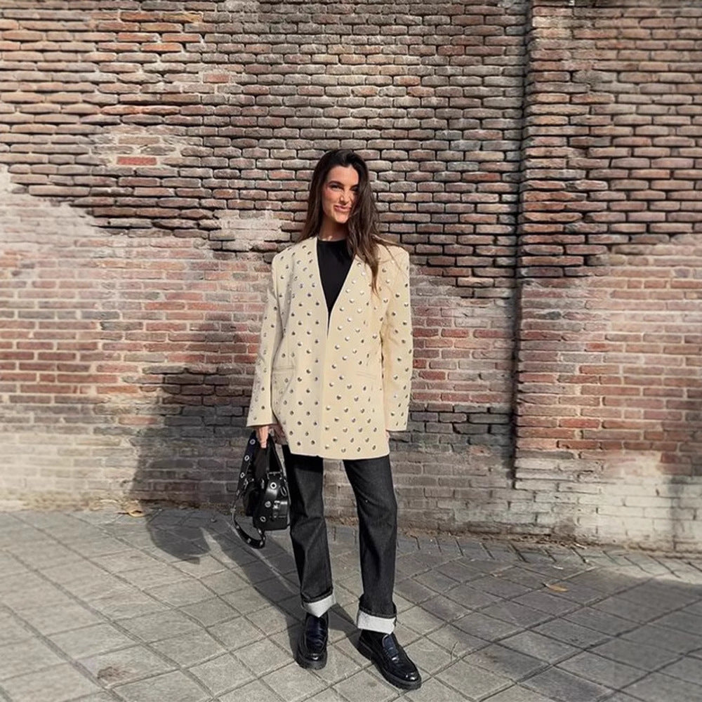 Damen Elegante Blazerjacke mit glamourösen Steinapplikationen R&B
