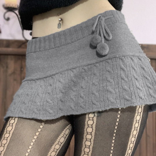 Damen gestrickter Minirock mit dekorativen Pompons und elastischem Bund R&B