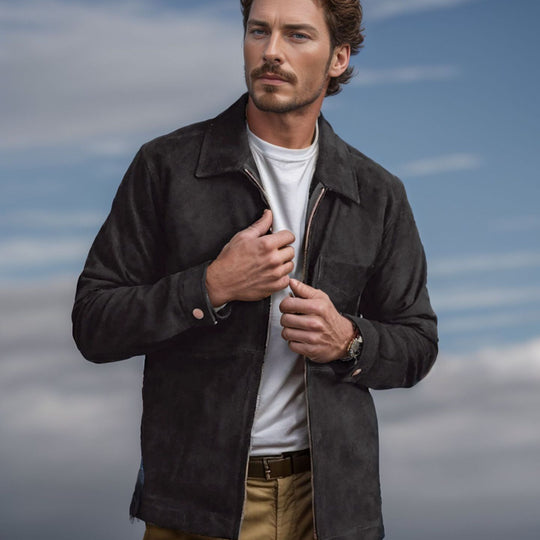 Herren modische Wildlederjacke mit Reißverschluss und Brusttasche R&B